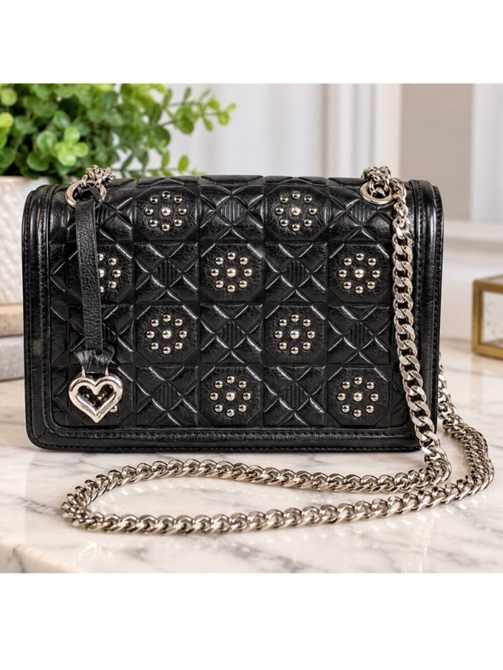 Brighton Elise Flap Bag Black Leather Studded Chain Crossbody NWOT